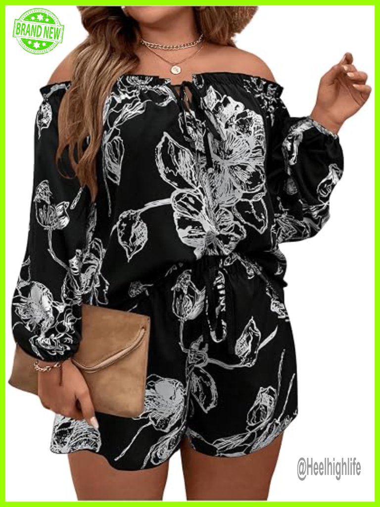 Plus Size 2 Piece Boho Floral Off Shoulder Top & Shorts Set